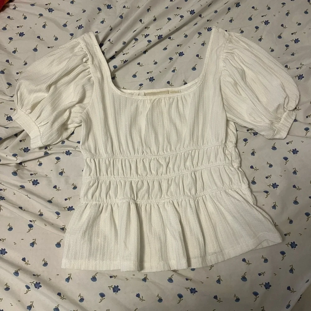 Anthropologie White Puff-Sleeve Smocked Waist Peplum Top